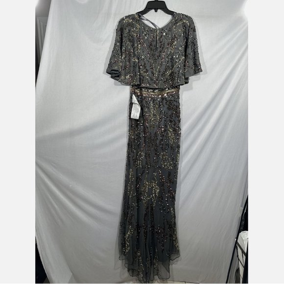 NWT $698 Mac Duggal [‎ 8 ] Cape Sleeve Embellished Gown in Charcoal Multi Gold - Picture 10 of 15